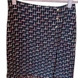 Talbots Red White Blue Tweed Faux Wrap Fringe Skirt